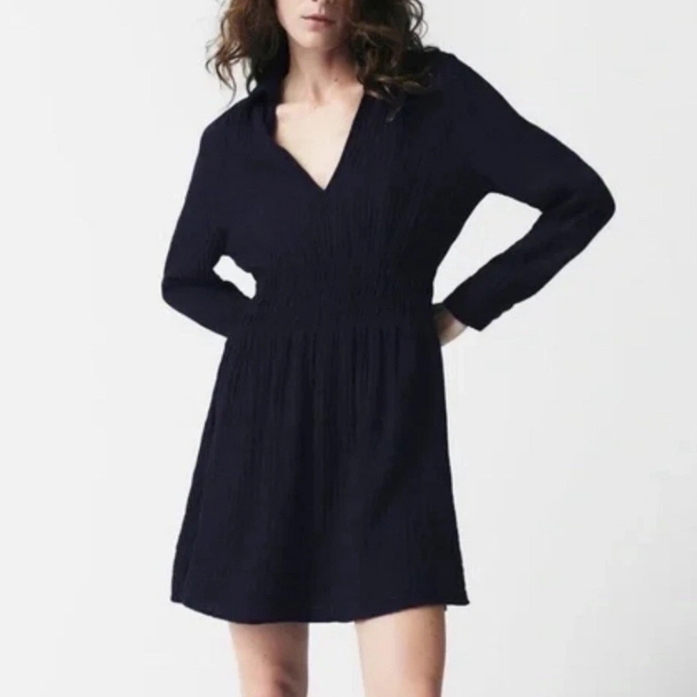 Zara Long Sleeve Crinkle Gauze Cinched Waist Knit Dress Washed Black Size XS